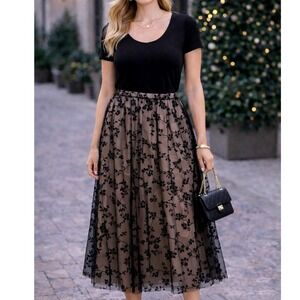 Black Floral Mesh Overlay A-Line Maxi Skirt Sheer Tulle  Womens Plz Read**